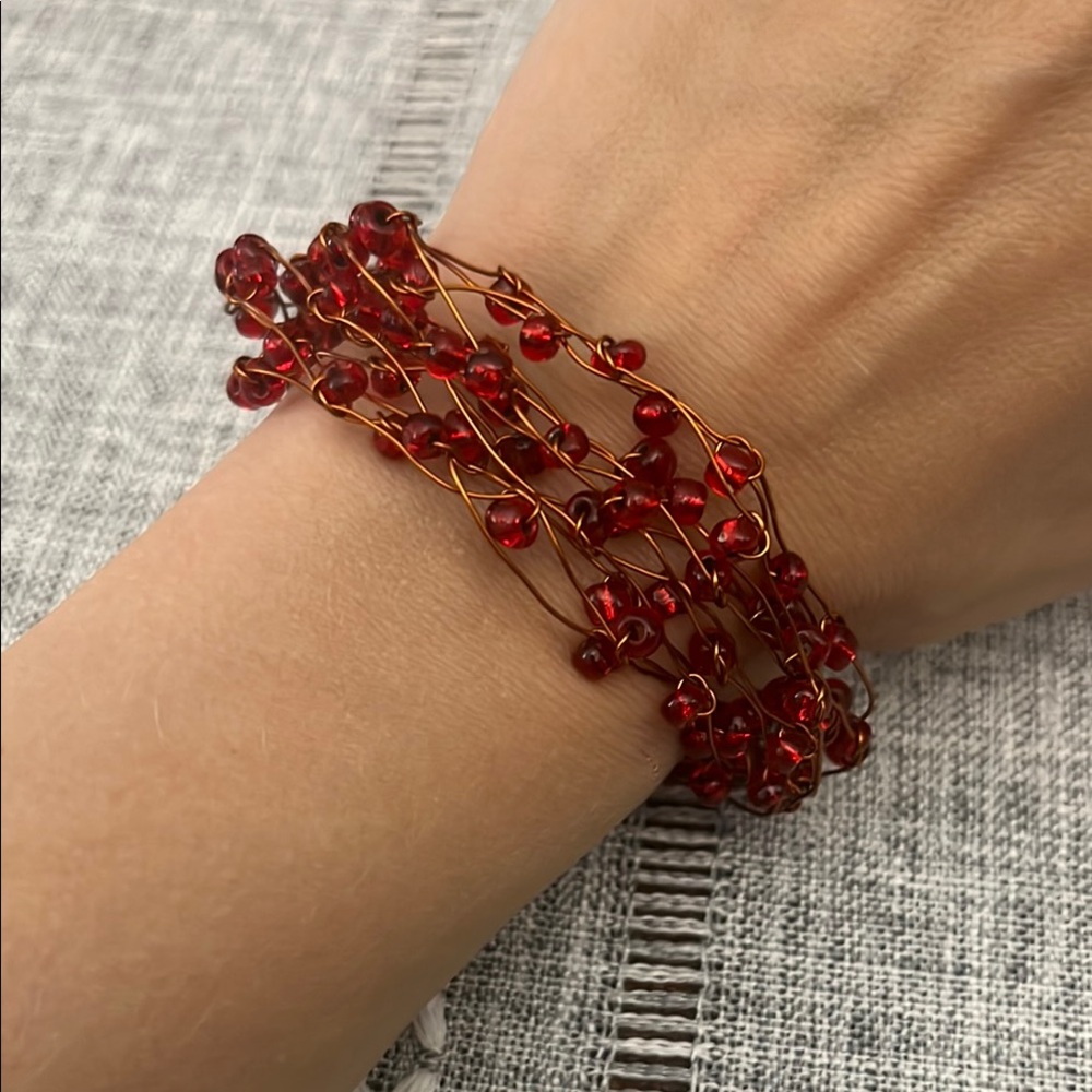 Red Bead and Copper Wire Bracelet